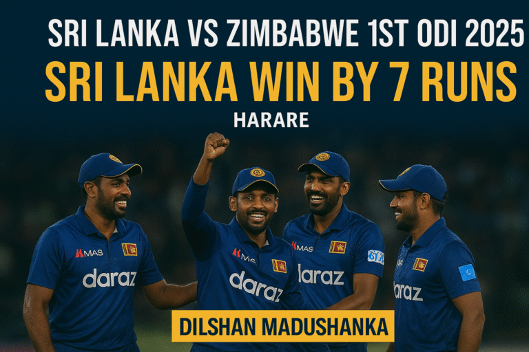 Sri Lanka cricket team celebrates their 7-run win over Zimbabwe in the 1st ODI 2025 at Harare, with Dilshan Madushanka starring in the final over.