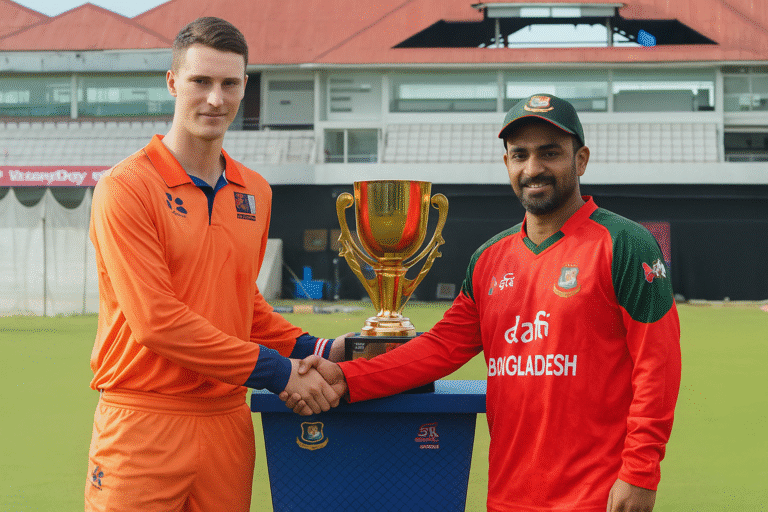 Bangladesh captain shaking hands with Netherlands captain during the trophy ceremony ahead of BAN vs NED T20I series 2025 in Sylhet