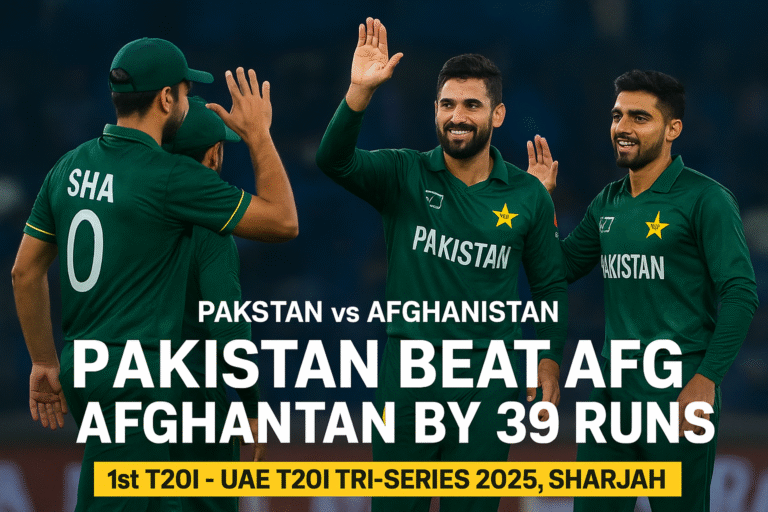 Pakistan cricket team celebrate 39-run win over Afghanistan in 1st T20I 2025 at Sharjah, with Salman Agha and Haris Rauf starring.
