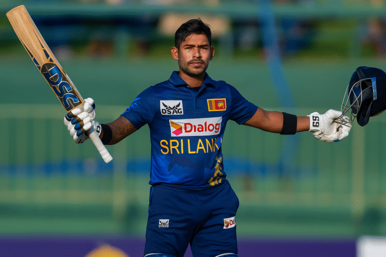 Pathum Nissanka celebrates his ODI century for Sri Lanka wearing the blue jersey.