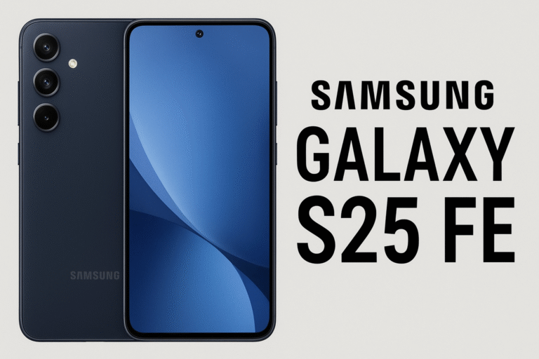 Samsung Galaxy S25 FE in Navy color showing front and back design with triple cameras and 6.7-inch AMOLED display.