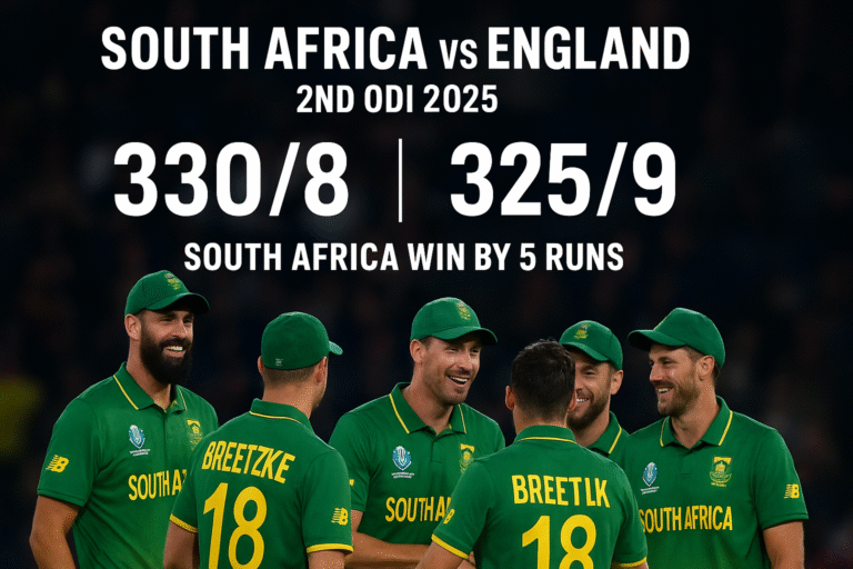 South Africa celebrates thrilling five-run win over England in 2nd ODI 2025 with final score 330/8 to 325/9 displayed