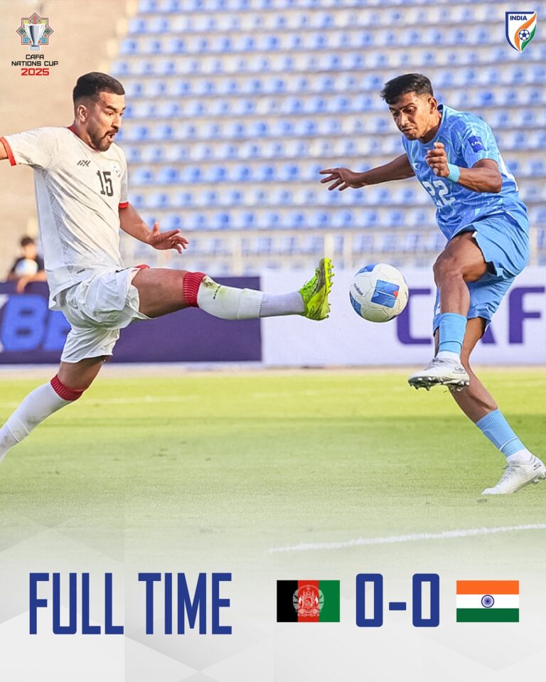 India and Afghanistan players contest for the ball during their CAFA Nations Cup 2025 match, which ended in a 0-0 draw.
