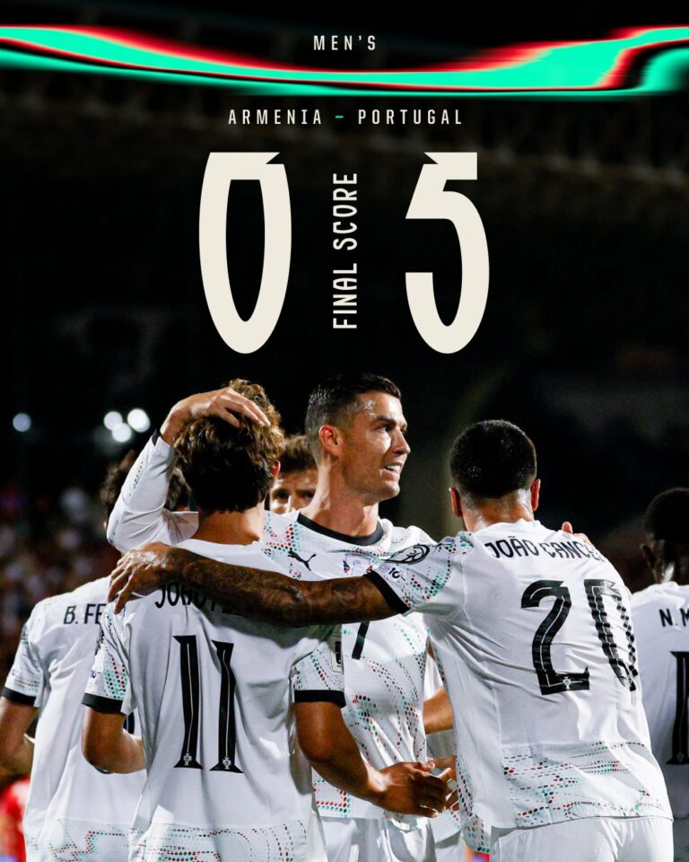 Cristiano Ronaldo celebrates with João Félix and João Cancelo after Portugal’s 5–0 victory against Armenia in the 2026 FIFA World Cup European Qualifiers.