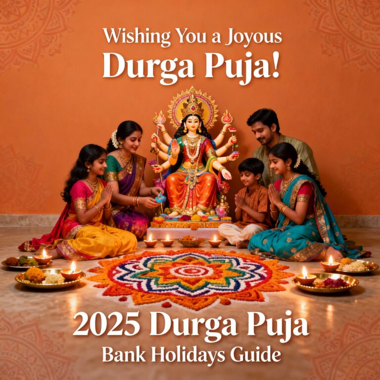 Durga Puja bank holidays 2025 illustration showing Goddess Durga and devotees celebrating the festival in vibrant orange hues.