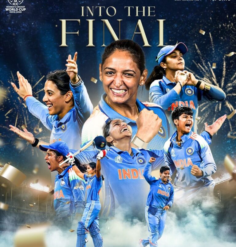 India Women celebrate victory over Australia in ICC Women’s World Cup 2025 semi-final at DY Patil Stadium.