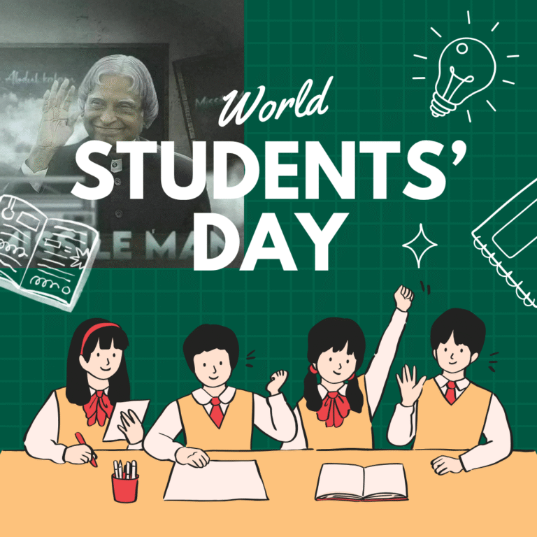World Students’ Day 2025 illustration with Dr. APJ Abdul Kalam, students raising hands, books, and lightbulb ideas for education inspiration