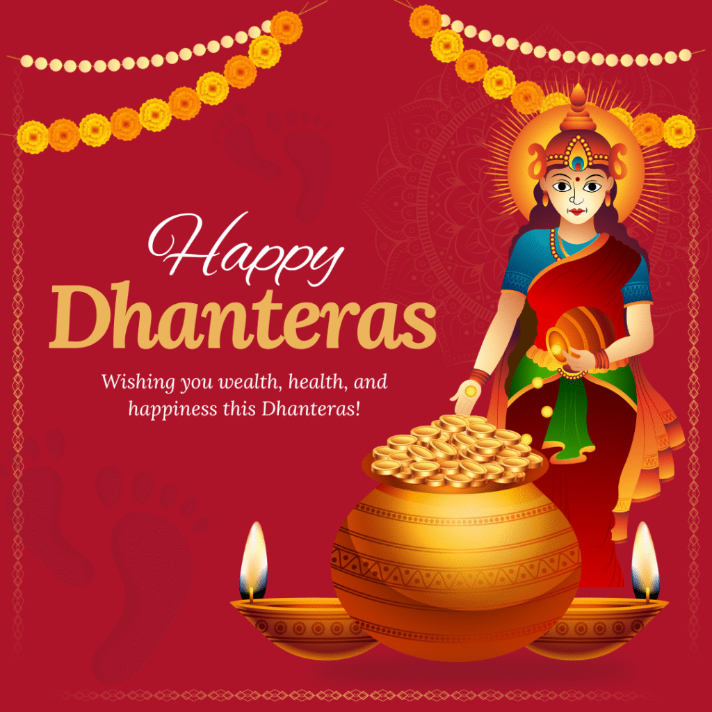 Diwali Dhanteras 2025 greeting with Goddess Lakshmi holding gold coins, traditional diyas, and festive decorations on a red background.