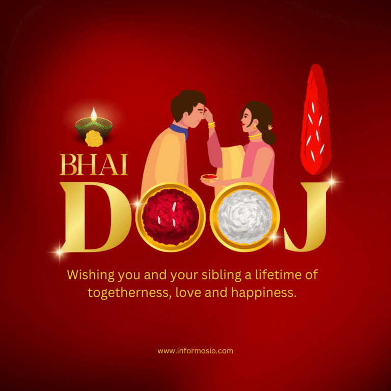 Brother and sister celebrating Bhai Dooj 2025 with tilak, festive diya, traditional attire, and vibrant red-gold background.