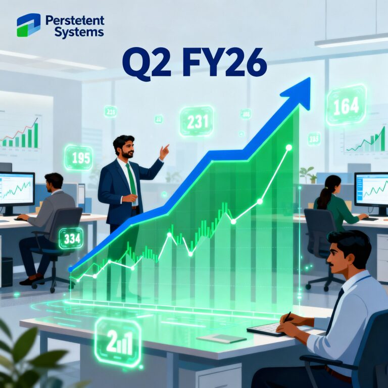 Persistent Systems share price Q2 FY26 surge with upward stock chart and business analytics in Indian IT market