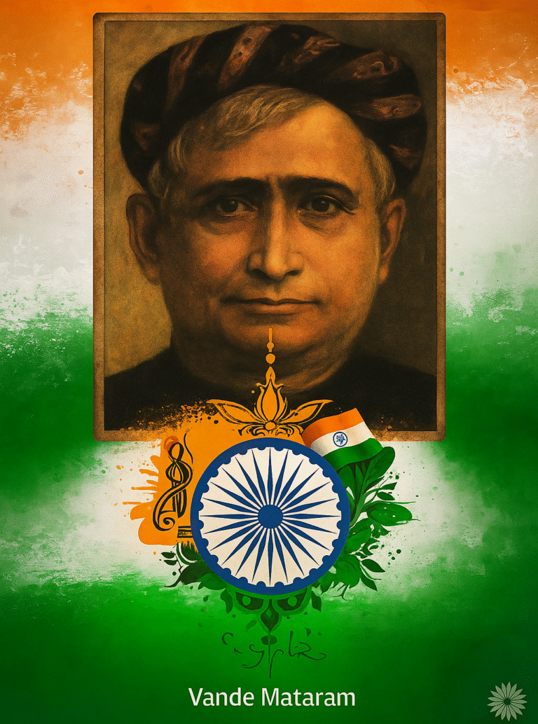 Portrait of Bankim Chandra Chattopadhyay framed over Indian tricolor background with Ashoka Chakra and Vande Mataram theme celebrating 150 years.
