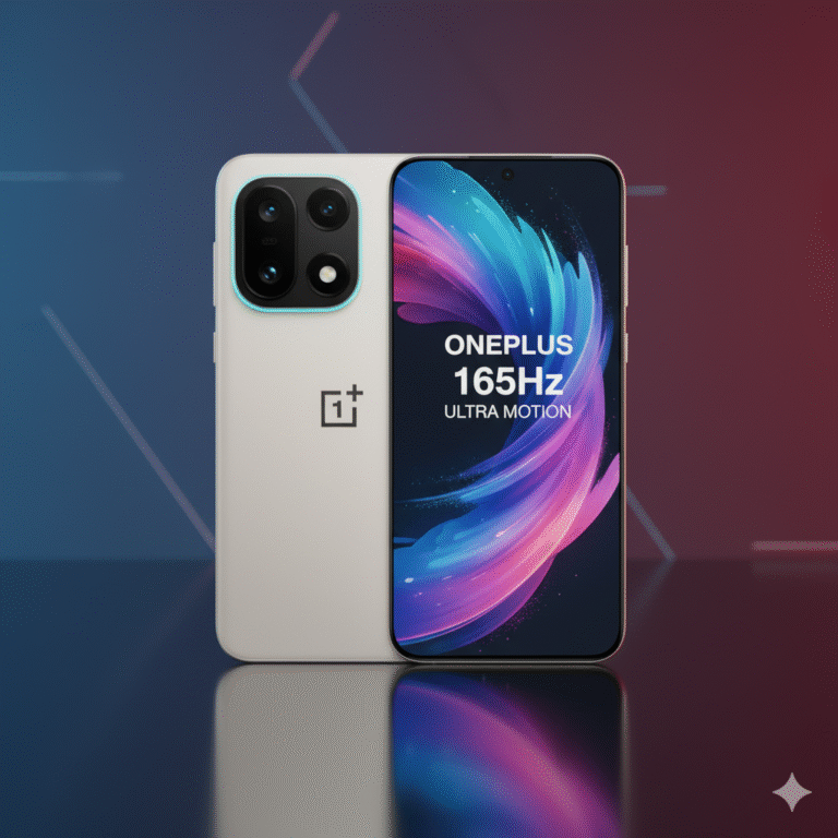 OnePlus 15 smartphone featuring 165Hz AMOLED display, Snapdragon 8 Elite Gen 5 processor, and sleek camera design.