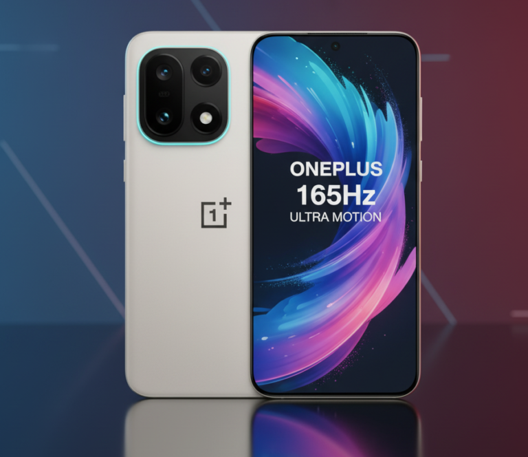 OnePlus 15 smartphone featuring 165Hz AMOLED display, Snapdragon 8 Elite Gen 5 processor, and sleek camera design.