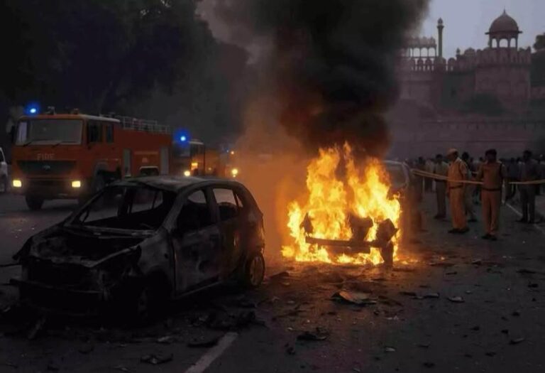 Burning car explosion near Red Fort Delhi, emergency fire trucks and police cordon at Lal Quila Metro Station blast site
