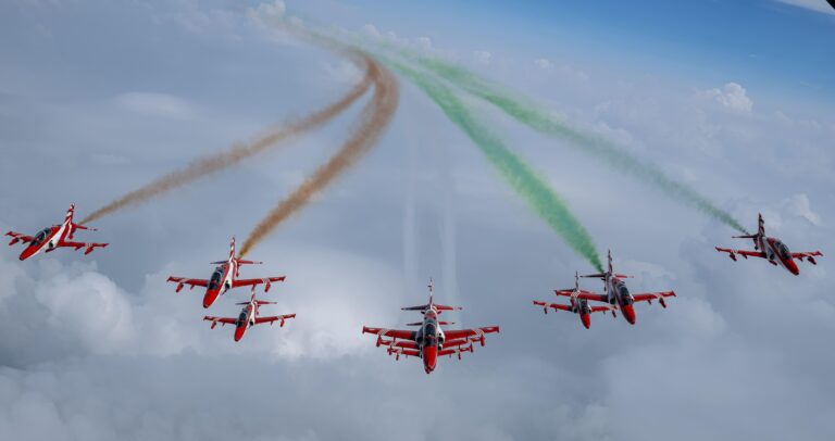 Indian Air Force Surya Kiran Aerobatic Team performing at Air Show Guwahati 2025 over Brahmaputra River