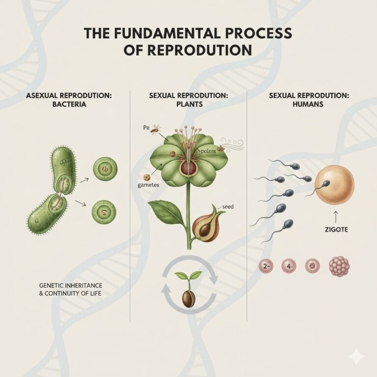 Reproduction in biology showing asexual and sexual reproduction processes.