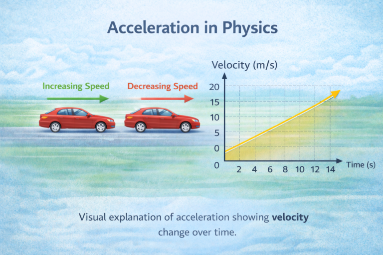 acceleration in physics diagram showing velocity time graph and changing speed illustration