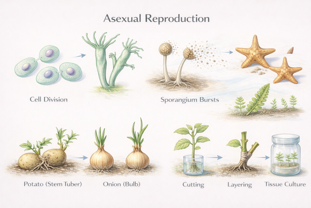 Educational diagram illustrating asexual reproduction, showing cell division, budding in Hydra, spore release in fungi, regeneration in starfish, and vegetative propagation in plants such as potato, onion, cutting, layering, and tissue culture