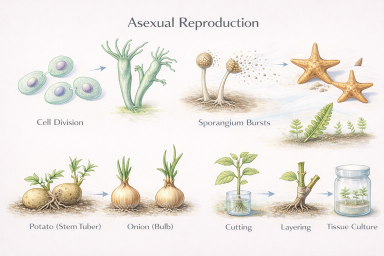 Educational diagram illustrating asexual reproduction, showing cell division, budding in Hydra, spore release in fungi, regeneration in starfish, and vegetative propagation in plants such as potato, onion, cutting, layering, and tissue culture