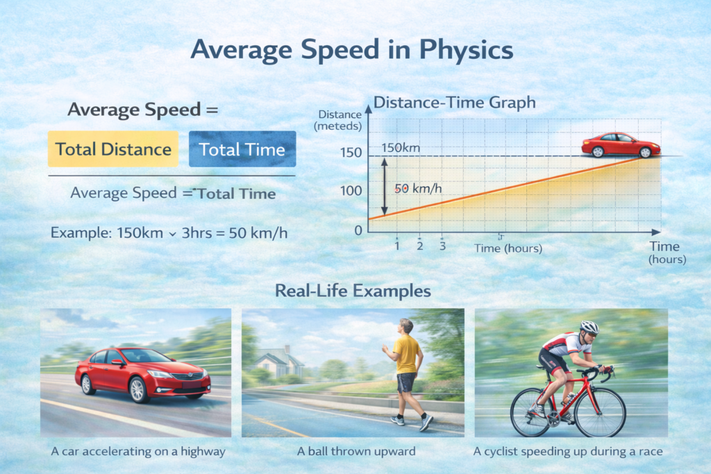 average speed in physics diagram showing distance divided by time formula illustration