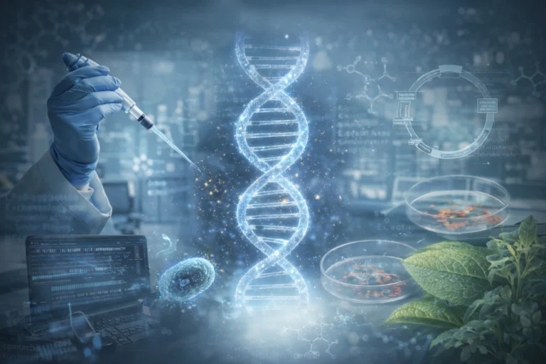 Glowing 3D DNA helix in a modern laboratory, surrounded by scientific tools, cell cultures, genetic data, and plant research elements.