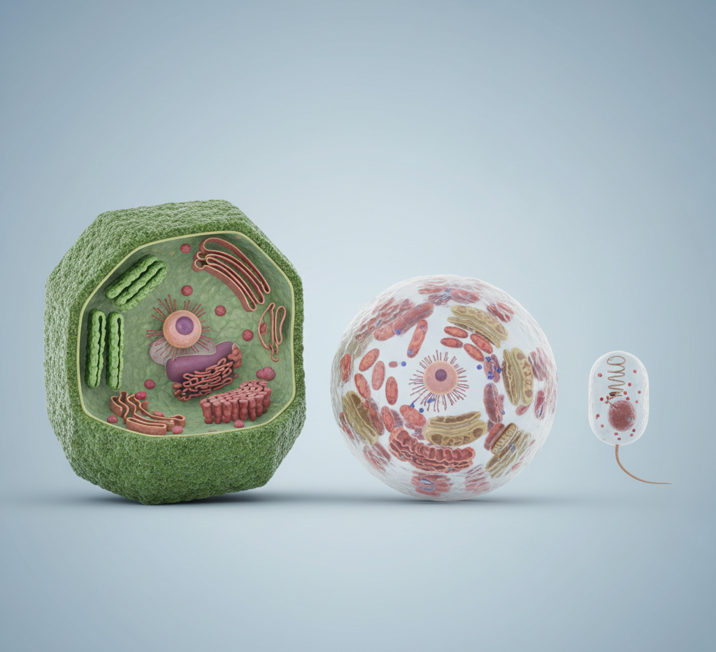 Highly realistic 3D illustration of Cell Biology showing plant cell, animal cell, and bacterial cell with detailed organelles including nucleus, mitochondria, chloroplasts, ribosomes, Golgi apparatus, and endoplasmic reticulum in a clean, academic style.