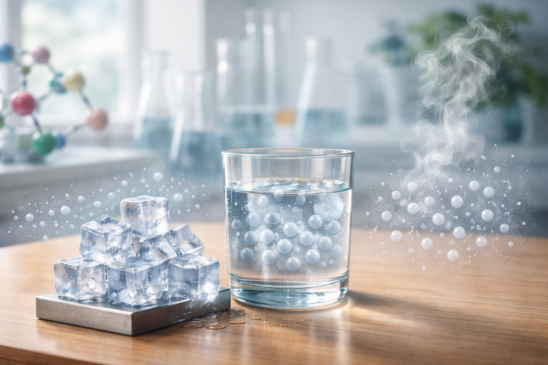 Image showing solid ice, liquid water, and water vapor with particle view in a lab setting, representing matter in our surroundings.