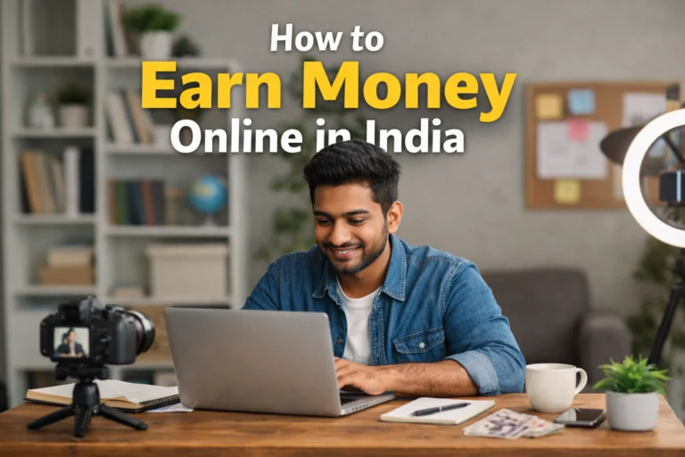 How to earn money online in India – person working on laptop in a modern home office setup with camera, notebook, and coffee mug.