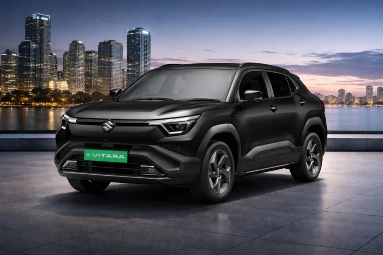 Maruti eVitara electric SUV front exterior design in India with LED headlamps and modern styling.