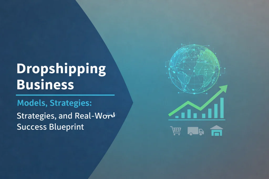 Dropshipping business concept graphic showing global ecommerce network, growth chart, and online retail icons.