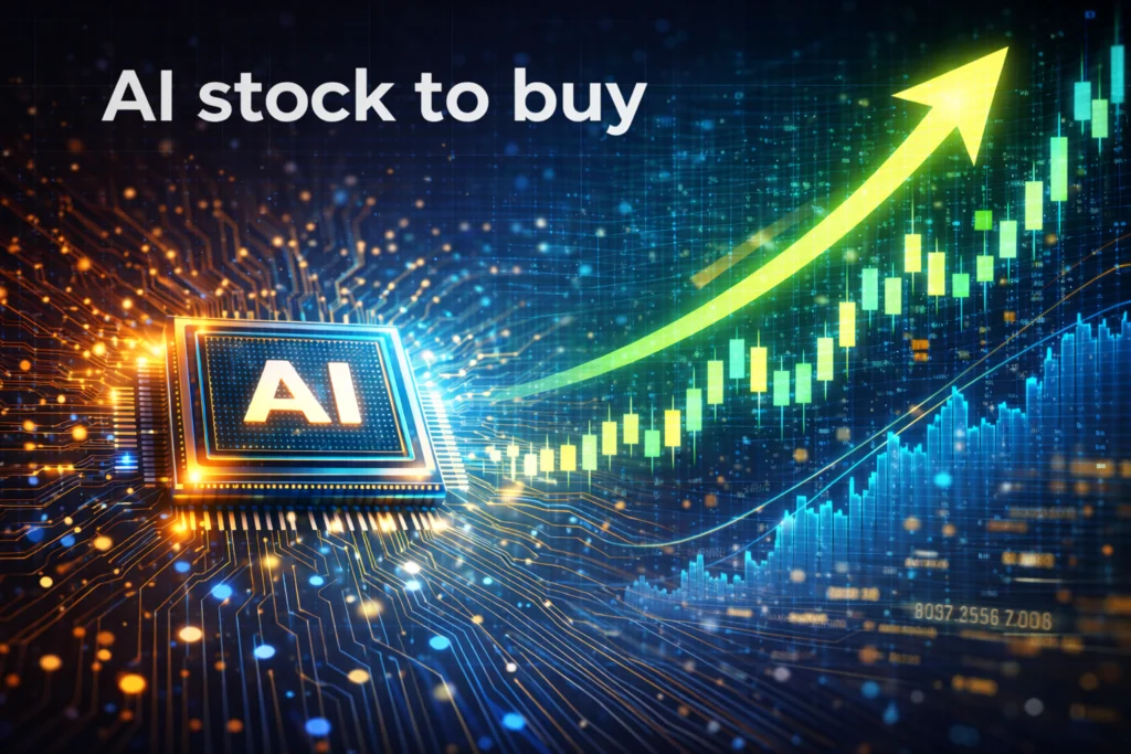 AI stock to buy concept showing artificial intelligence chip with rising stock market graph and digital financial growth background.