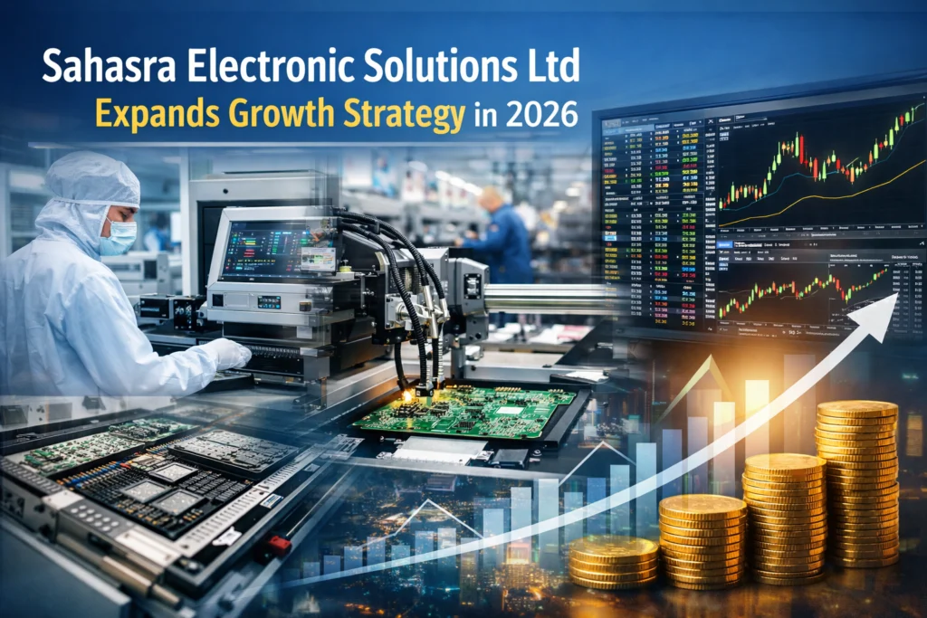 Sahasra Electronic Solutions Ltd semiconductor packaging and electronics manufacturing facility with stock market growth chart overlay.