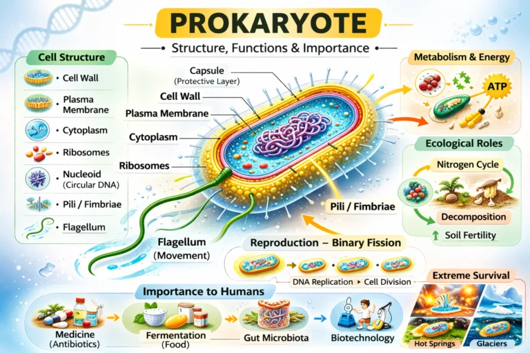 Colourful diagram of a prokaryotic cell showing its structure, functions, and importance.