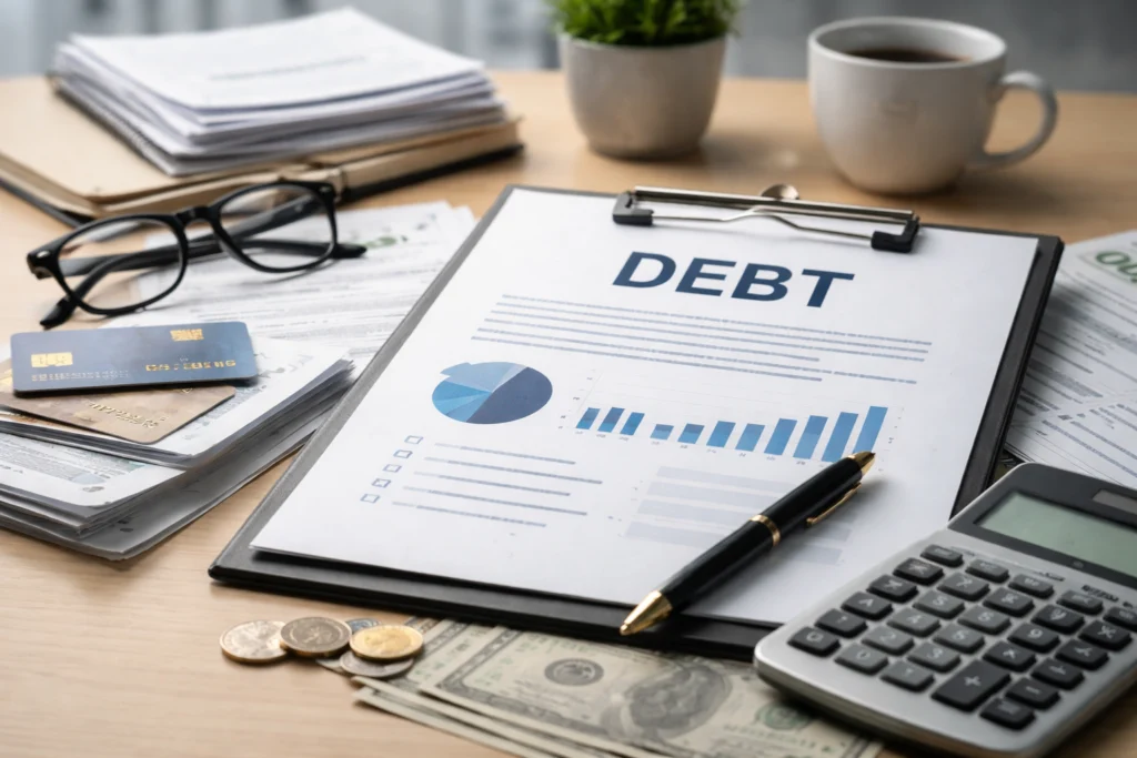 Debt document on desk with calculator, credit cards, bills, and financial papers.