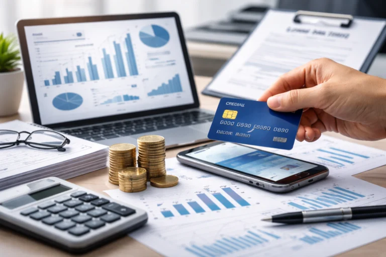 Credit concept showing credit card, financial documents, calculator and digital banking tools.