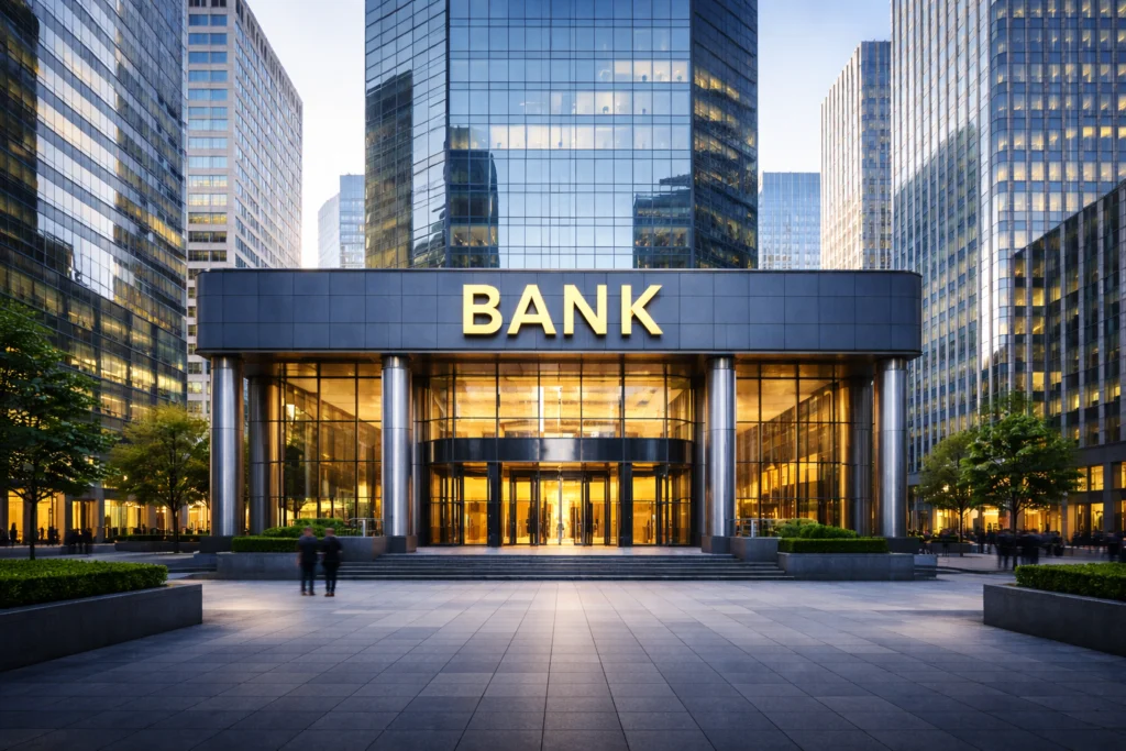 Banking system modern bank building exterior.