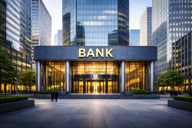 Banking system modern bank building exterior.