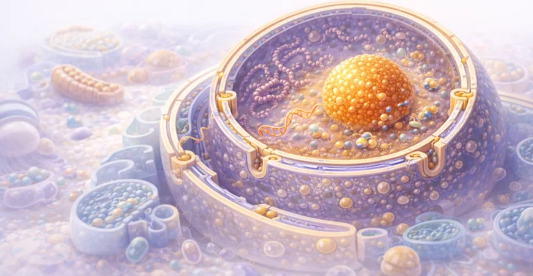 Modern, colorful educational illustration of a eukaryotic cell nucleus showing the double nuclear membrane, nuclear pores, chromatin, and nucleolus as the cell’s control center.