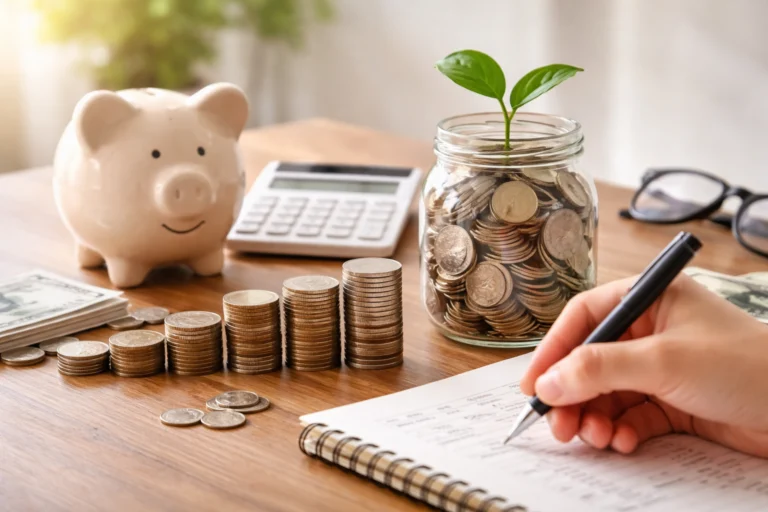 save money every month with budgeting, coins, and savings jar