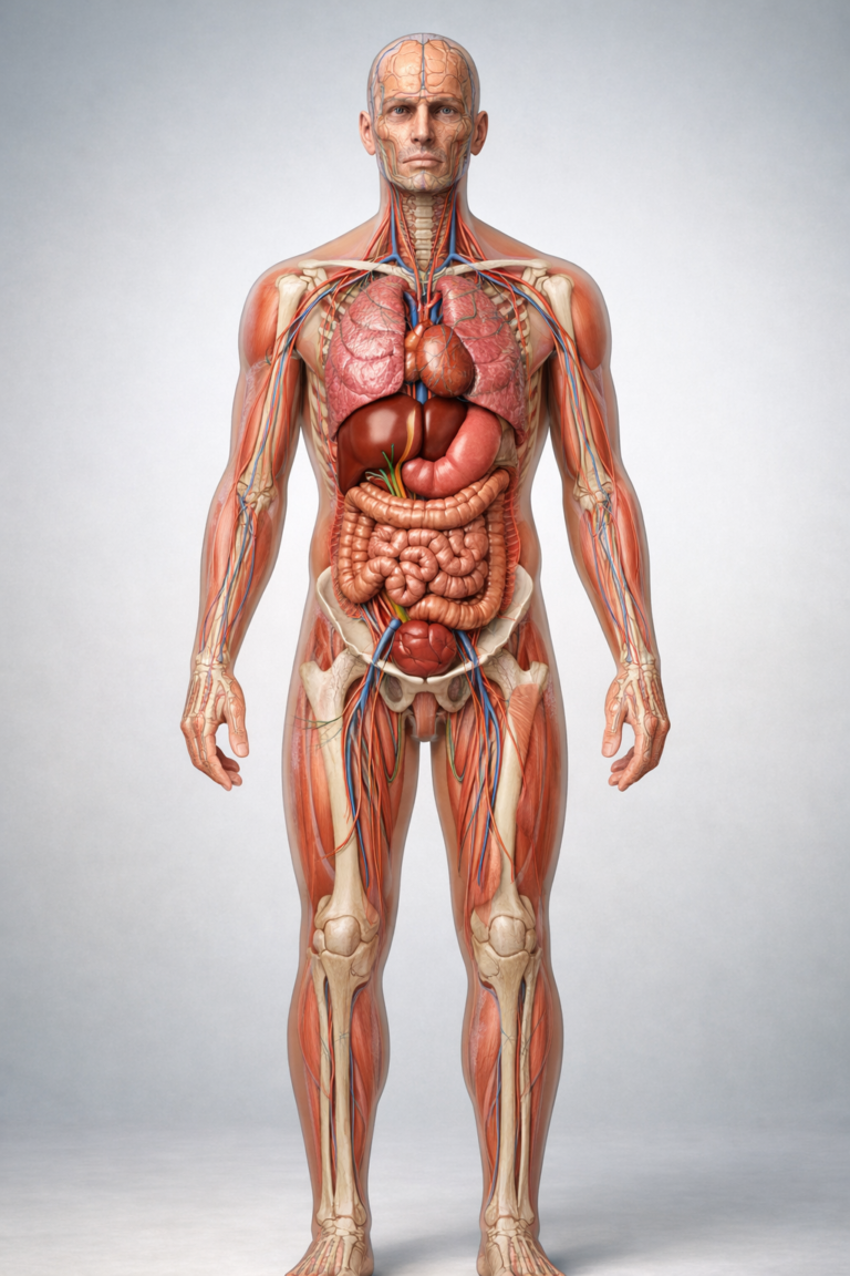 A highly realistic anatomical illustration of a human body showing semi-transparent skin with clearly visible internal organ systems, including the digestive, respiratory, circulatory, nervous, muscular, skeletal, endocrine, and excretory systems, presented in a clean clinical style for human physiology education.