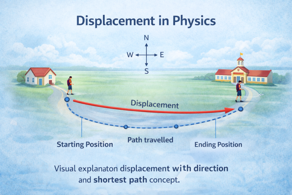 displacement in physics diagram showing direction and straight line change in position