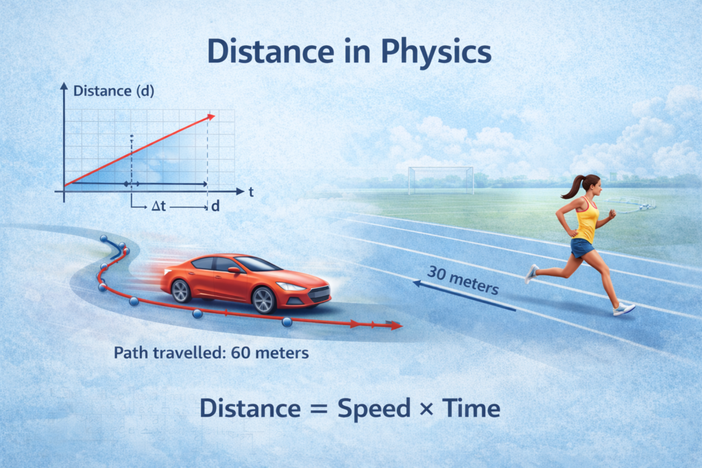 distance in physics diagram showing path length and distance time graph