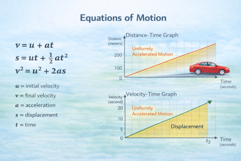 equations of motion diagram showing v equals u plus at formula and motion graphs illustration