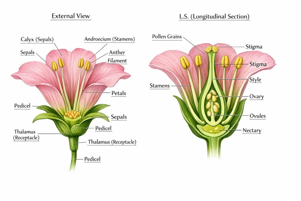 Realistic labeled flower diagram showing calyx, corolla, androecium, gynoecium, and internal reproductive parts in longitudinal section for plant biology study.