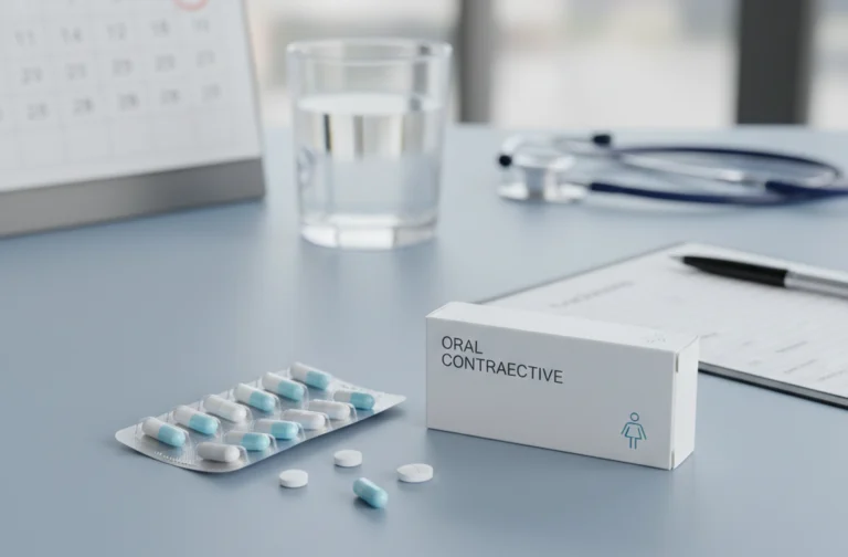 Blister pack of contraceptive pills beside a minimal pill box on a clean medical surface with a calendar, glass of water, and stethoscope in a professional healthcare setting.