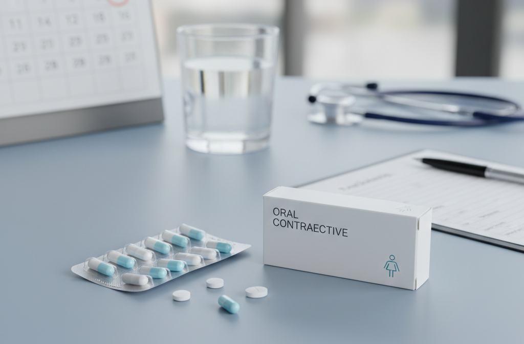 Blister pack of contraceptive pills beside a minimal pill box on a clean medical surface with a calendar, glass of water, and stethoscope in a professional healthcare setting.