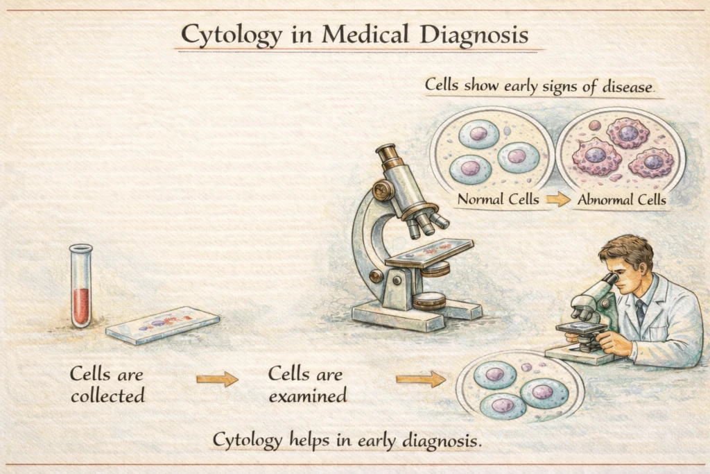 NCERT-style diagram showing cytology used in medical diagnosis and disease detection.