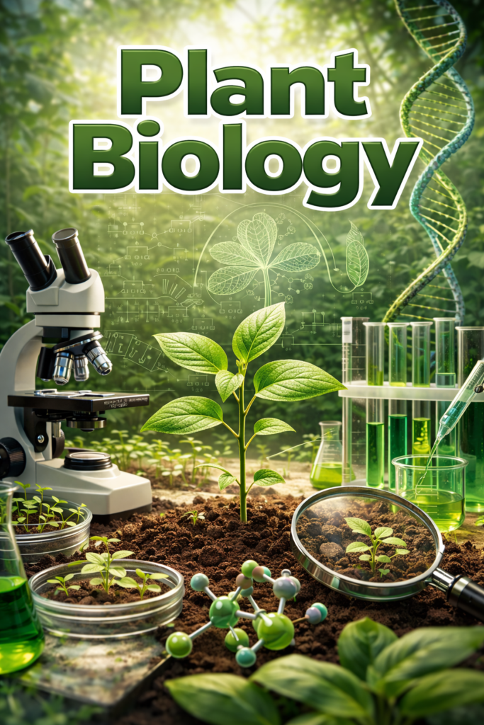 Realistic plant biology illustration showing a growing green plant with microscope, laboratory glassware, and scientific diagrams representing plant structure and processes.