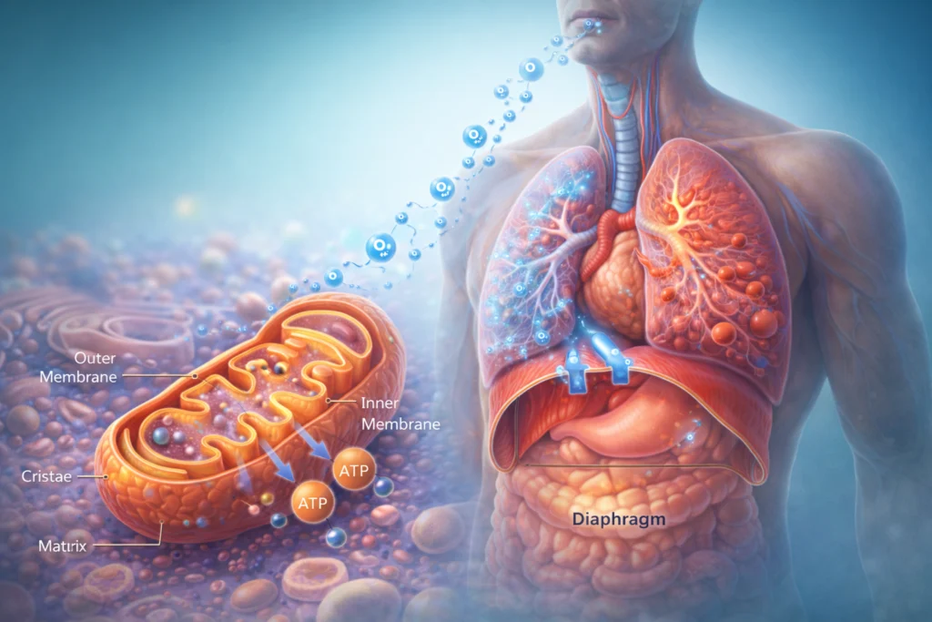 Ultra-realistic medical illustration of human respiration showing semi-transparent lungs with oxygen and carbon dioxide exchange, diaphragm movement, and a mitochondrion producing ATP inside a cell.