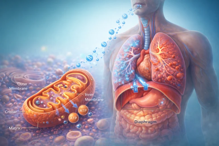 Ultra-realistic medical illustration of human respiration showing semi-transparent lungs with oxygen and carbon dioxide exchange, diaphragm movement, and a mitochondrion producing ATP inside a cell.